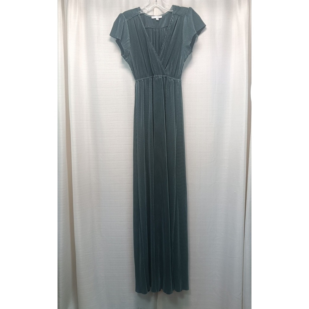 Baltic Born Esmeralda Pleated Maxi Dress Dark Sage Green VNeck Flutter Sleeve XS